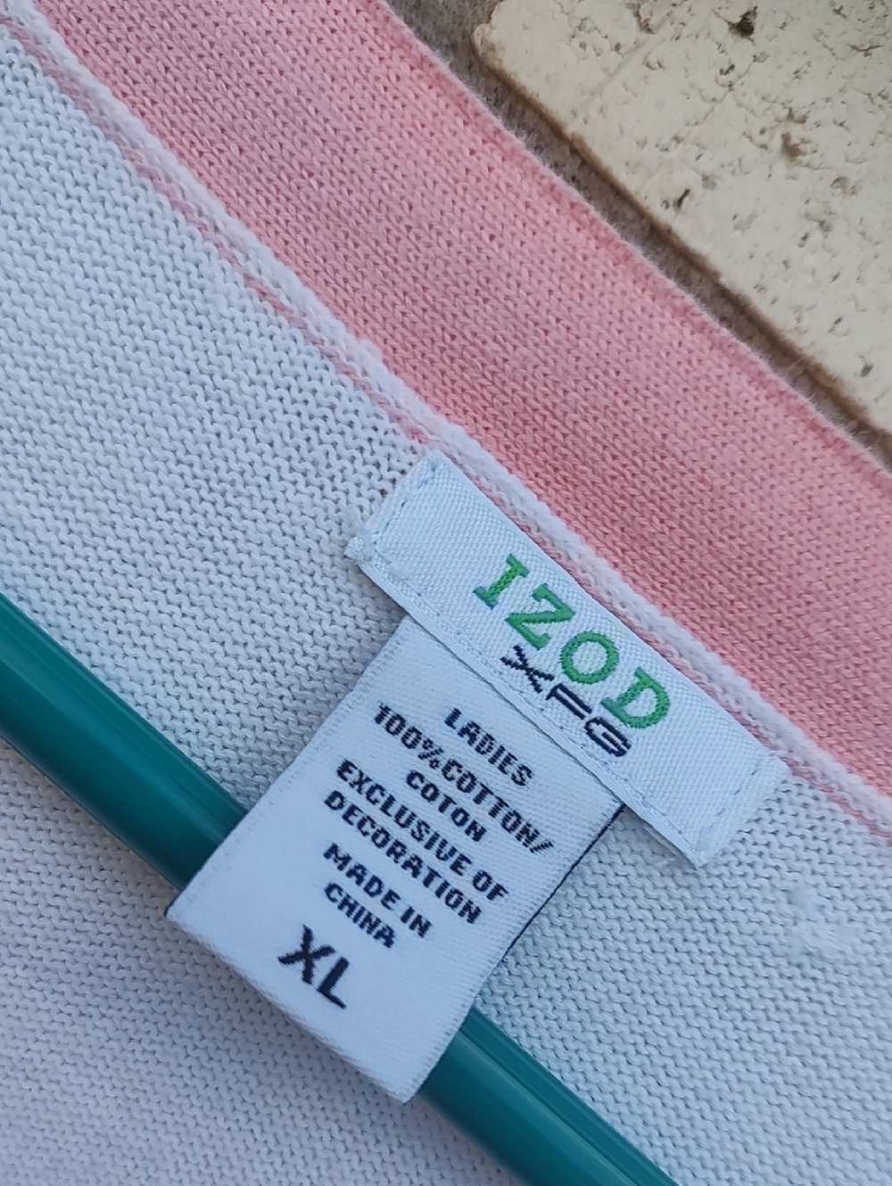 Izod White Pink and Tan Striped V-Neck Cardigan - Picture 7 of 9